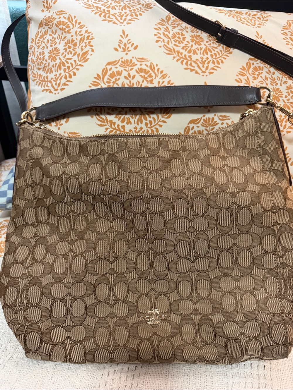 Coach Brown Signature Jacquard Shoulder Bag Dark Brown Trim convertible F58327